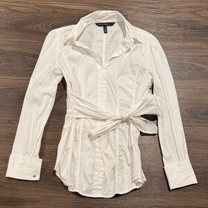 White House Black Market White Buttom Up Waist Tie Top